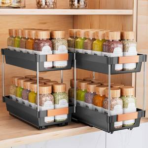 lot 20016 image: Delamu 2 Pack Pull Out Spice Rack Organizer for Cabinet, 2 Tier Slide Out Spice Organization, Vertical Spice Organizer, Cabinet Size Need12.5 High x 11 Deep x 5.5 Wide(Not for Cabinet with Lip) - Retail $25