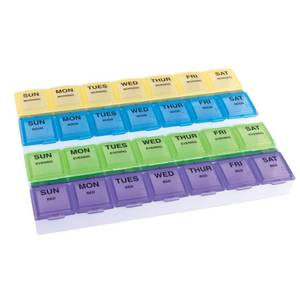 lot 20028 image: EZY DOSE Weekly (7-Day) Daily Medtime Pill Case, Medicine Planner, Vitamin Organizer, Supplement and Fish Oil Container, Large Compartments with Rounded Base, 4 Times a Day, Colored Lids, BPA Free damaged see photo AS-IS - Retail $11