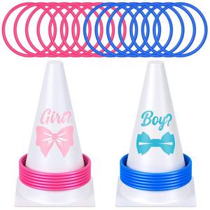 lot 20051 image: Leitee 16 Pcs Gender Reveal Party Boy or Girl Ring Toss Game Include 2 Plastic Cones 12 Pink Blue Toss Rings and 2 Gender Stickers for Guests Baby Shower Party Supplies - Retail $20