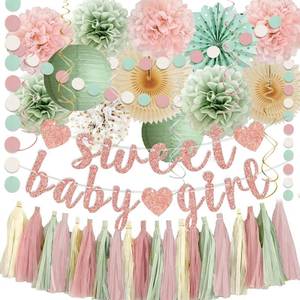 lot 20061 image: Sage Green and Blush Pink Baby Shower Decorations - Sweet Baby Girl Banner, Olive Green Lanterns, Streamers, Tissue Pom Poms, Paper Fans, Pink Beige Boho Paper Tassel, Rustic Backdrop Decor - Retail $18