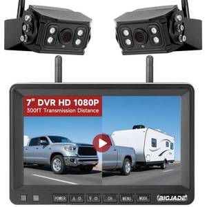 lot 20071 image: Wireless Backup Camera - Rv Backup Camera with HD 7 Monitor - Dual Back Up Camera Systems for Truck - IP69 Waterproof Rv Camera with DVR, Night Vision for Rv, Truck, Trailer and Camper - Retail $120