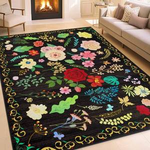 lot 20100 image: Isyorefam Floral 2x3 Area Rug, Machine Washable Soft Print Boho Carpet, Non Slip Low Pile Flower Area Rugs for Living Room Bedroom Kitchen Dining Room Hallway Entryway Nursery Indoor, Black - Retail $15