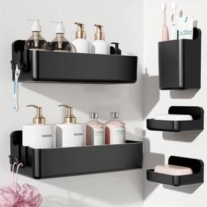 lot 20113 image: Nieifi Shower Shelves 5 Pack, Adhesive Shower Wall Shelf Organizer for Bathroom Organization, Black - Retail $23