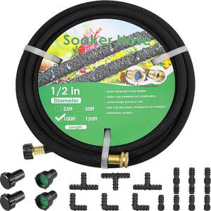 lot 20118 image: MAMIZO Soaker Hose Kit 100 ft 12, Solid Brass Connectors Rubber Longer Lasting, Heavy Duty Drip Hose to Save 70% Water, Soaker Hose for Garden, Lawn and Yard - Retail $454
