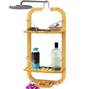 lot 20121 image: SereneLife Bamboo Hanging Shower Caddy with 3 Tiers, Anti-Slip Design, Bathroom Storage Organizer for Shampoo, Soaps, and Essentials - Space-Saving and Easy to Clean - Retail $40