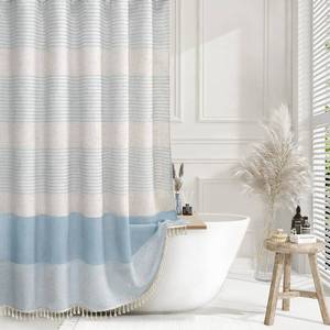 lot 20140 image: XOGUIBO Aqua Blue Shower Curtain Linen Coastal Ocean Striped Shower Curtains for Bathroom with Tassel 72 X 72 - Retail $27