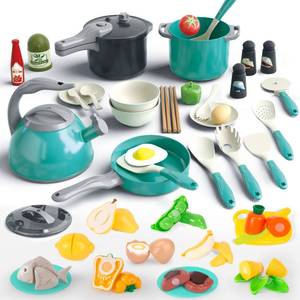 lot 20174 image: Bruvoalon 67Pcs Kids Play Kitchen Toys Set, Toddlers Pretend Cooking Playset Acccessories with Pots Pans, Utensils Cookware, Foods, Canned Veges, Learning Gift for Kids Girls Boys (Green) - Retail $24