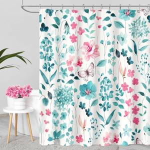 lot 20183 image: MAYZUS Teal Pink Floral Shower Curtain, Cute Flower Fabric Shower Curtains for Bathroom, Watercolor Wildflower Butterfly Cloth Shower Curtain Set with Hooks, 72x72 - Retail $19