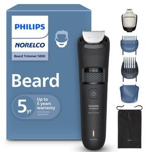 lot 20193 image: Norelco Philips Beard Trimmer 5000 Series, 100% Waterproof Beard Styler, Precision Dial with 40 Lock-in Trimming Settings, Self-Sharpening Metal Blades & Beard Hair Mess Collector, BT577540 - Retail $70