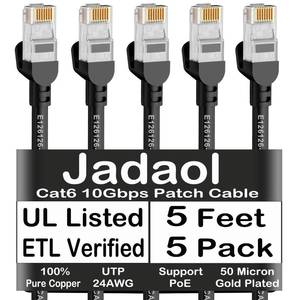 lot 20201 image: Jadaol Cat6 Ethernet Patch Cables 5ft 5-Pack, 10Gbps 24AWG Pure Copper RJ45 Cat6a Patch Cable, Support Cat87 Network, Outdoor&Indoor Rated for Patch Panel to Switch, Server, Router, Modem, PC - Black - Retail $15