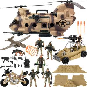 lot 20212 image: 26 PCS Army Men Helicopter Carrier Toys, Military Soldier Action Figures, Combat Truck, Motorcycle, Jumbo Transport Aircraft with Lights & Sound, Weapons Accessories Playset for Kids Boys - Retail $50