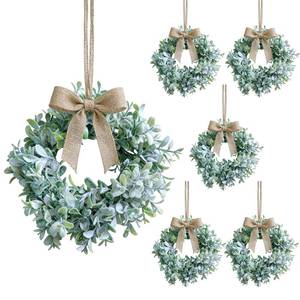 lot 20253 image: 6 PCS Mini Flocked Greenery Leaves Kitchen Cabinet Wreaths Small Artificial Eucalyptu Wreath for Front Door with Ribbon Spring Summer Green Mini Wreath for Porch Wall Window Farmhouse Wall Home Decor - Retail $23