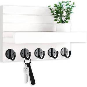 lot 20257 image: Lwenki Key Holder for Wall, Decorative Key and Mail Holder with Shelf Has Large Key Hooks for Bags, Coats, Umbrella �� Paulownia Wood Key Hanger with Mounting Hardware (9.8��W x 6.7��H x 4.2��D) - Retail $15