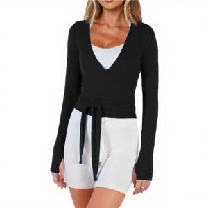 lot 20261 image: Dancenter Women Crop Wrap Top Thumb Hole Long Sleeve Active Self Tie Workout Shirt Ballet Pilates Yoga Wrap Tops (US, Alpha, Small, Regular, Regular, Black) - Retail $18