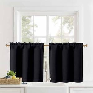 lot 20262 image: OVZME Black Kitchen Curtains 24 Inch Length - Light Filtering Solid Small Cafe Curtains, Short Window Curtains for Bathroom Basement RV Camper, 2 Panels, 30 Wx24 L - Retail $6