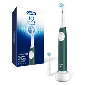 lot 20267 image: Oral-B Rechargeable Electric Toothbrush, iO2 Starter Kit, 3 Cleaning Modes, Automatic Pressure Sensor to Protect Gums, 2 Brush Heads, Forest Green - Retail $50