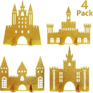 lot 20281 image: Gejoy 4 Pieces Castle Table Centerpiece Glitter Princess Theme Castle Centerpiece for Birthday Baby Shower Princess Party Table Decorations - Retail $8