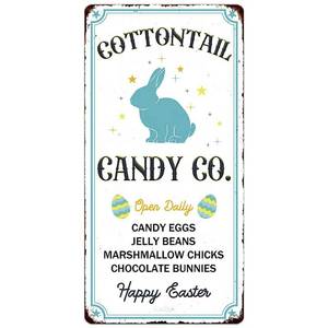 lot 20285 image: Cottontail Candy Co. Vintage Metal Tin Sign Bunny Rabbit Easter Eggs Print Poster Art Wall Decor Cute Novelty Sign for Home Farmhouse Kitchen Coffee Bar Yard Garden 6x12 Inch - Retail $10