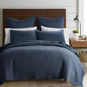lot 20291 image: Levtex Home Cross Stitch Reversible KingCal King Quilt Set (106x92in) and 2 Pillow Shams (36x20in) - Stitch Texture - Navy - Cotton King Size Quilt Bedding Set - Lightweight Soft Pre-Washed - Retail $124