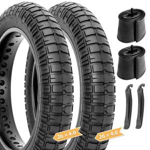 lot 20292 image: 26x4.0 Fat Bike Tires Set Hycline 2-Pack 26x4 Inch Heavy Duty Folding Replacement Ebike Fat Tires, All-Terrain High-Density Bicycle Tires with Inner Tubes and Tire Levers for UrbanTrail Riding - Retail $134