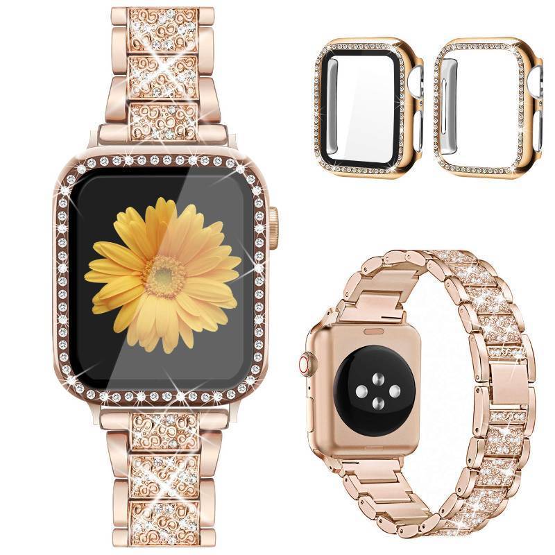 lot 16137 image: Apple Watch Band with Screen Protector Case, Jewelry Replacement Bands 46mm 45mm 44mm 42mm 41mm 40 mm 38mm 2 Pack Protective Cover for iWatch Series 1110987654321SE Women - Retail $14
