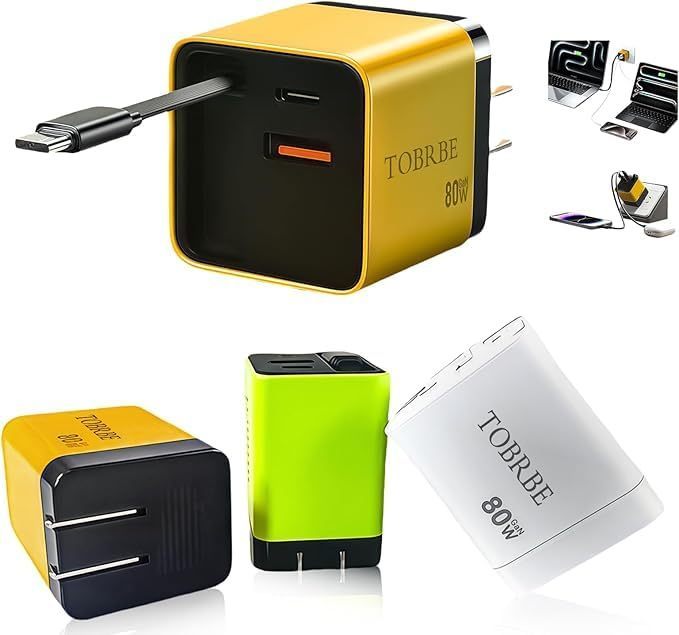 lot 16155 image: 3 in 1 GaN Charger, Scalable 80W Max Fast Charging Block with Retractable Type-C Cable & 2 USB Ports, All-in-One Wall Charger - Retail $40