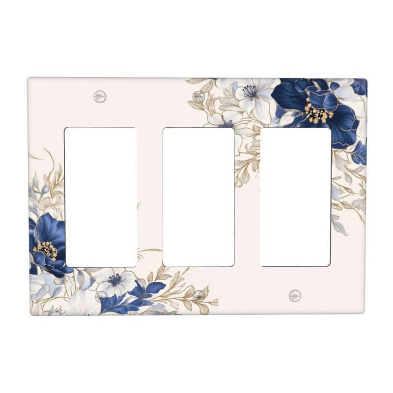 lot 16187 image: Decorative Outlet Covers Rustic Blue White Flowers Floral Penoy 3 Gang Wall Plate Triple Rocker Light Switch Cover Plate Jumbo Electrical GFCI Face Plate for Bedroom Home Decor - Retail $17