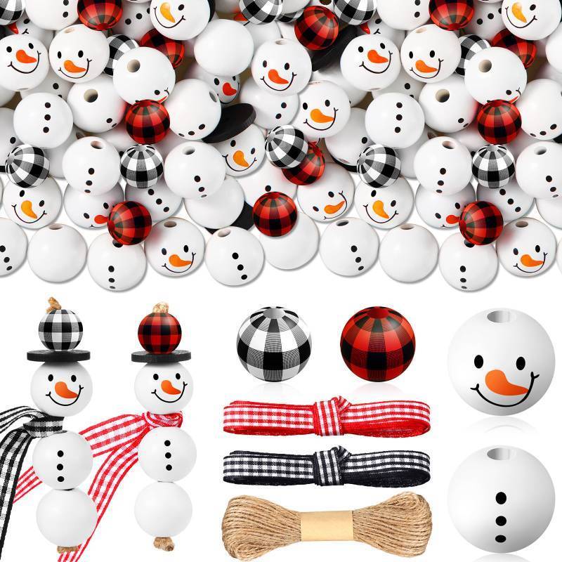 lot 16210 image: 180 Piece DIY Christmas Snowman Wooden Bead Crafts Christmas DIY Ornaments Red Black Buffalo Plaid Wood Round Bead Xmas Print Wooden Beads with Twine Scarf for Crafts - Retail $13