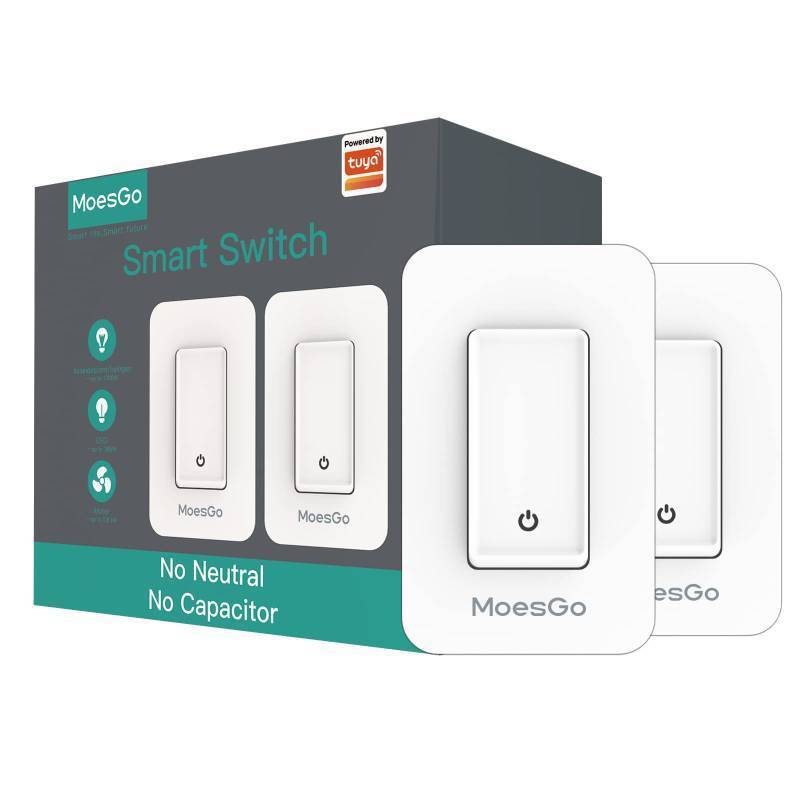 lot 16223 image: MoesGo WiFi Smart Single Fire Wall Light Switch, No Neutral Wire Need, Single Pole, Smart LifeTuya Remote Control, Compatible with Alexa and Google Home Assistant 110V Minimum 7w White 2 Pack - Retail $65