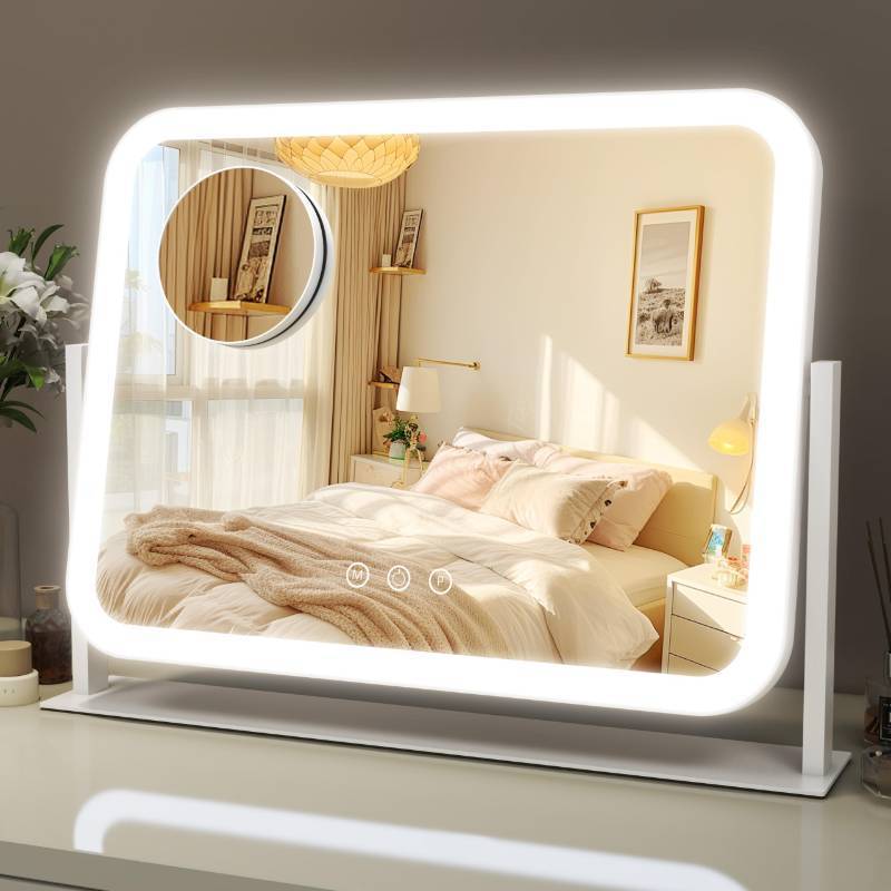 lot 16243 image: Lighted Makeup Mirror, 17x13 Vanity Mirror with Lights, 10X Magnification, Gifts for Women, 3 Color Lighting Modes, Smart Touch Control, 360° Rotation for Bedroom or Tabletop (White) - Retail $35