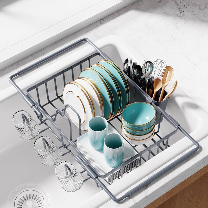 lot 16255 image: Dish Drying Rack in Sink - Expandable Stainless Steel Dish Rack Over the Sink, Kitchen Sink Drain Strainer with Cutlery Holder & Cup Holders, 15.4 x 9.8 x 3.0 Inch, Silver - Retail $25
