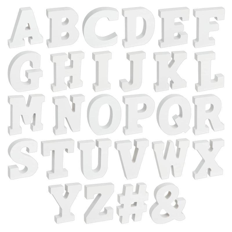 lot 16293 image: 3D Wooden Alphabet Letters Set - Freestanding Room Decor Letters - Wedding & Party Tabletop Decor - Customizable Wooden Craft Set - 54 pcs, 3.13 in H x 0.6 in Thick, White, Engineered Wood - Retail $28