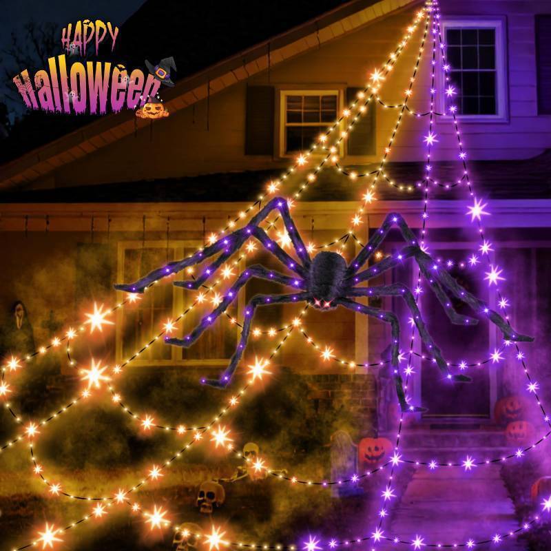 lot 35115 image: Halloween Decorations Outdoor Spider Web Lights with Glowing Spider - 2 Colors Remote Control Timer Plug in Giant Halloween Decor Cobwebs - 11 Modes Lighting Waterproof Yard Garden Party Decorations - Retail $40