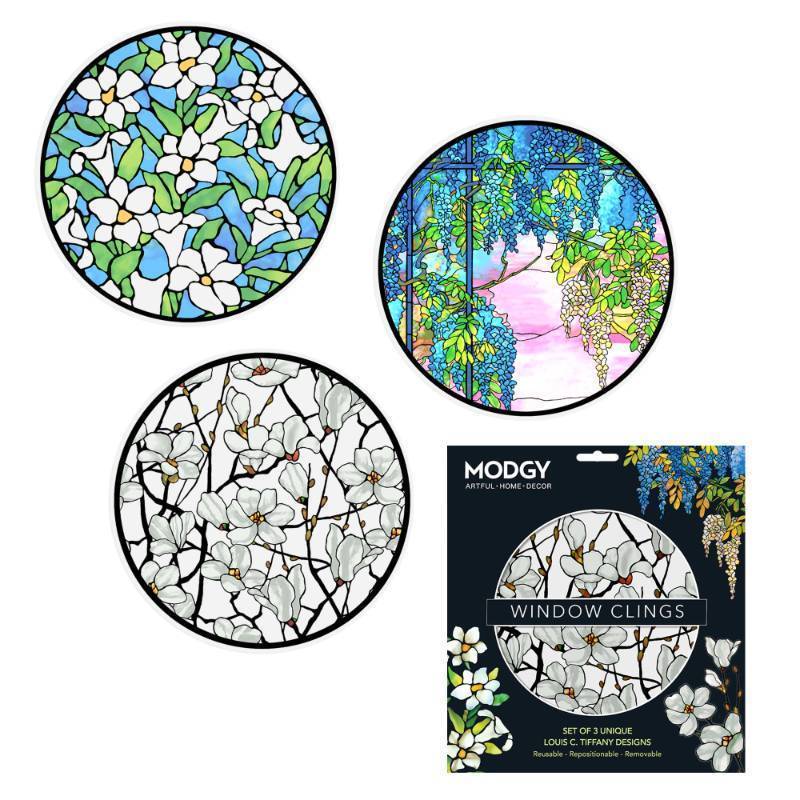 lot 62074 image: Window Art Clings, Decal Stickers and Decorations for Glass, Peel and Stick Decor, Removable, Reusable, 9 Inches Each, Set of 3 Per Sleeve, Louis C. Tiffany Window - Retail $17