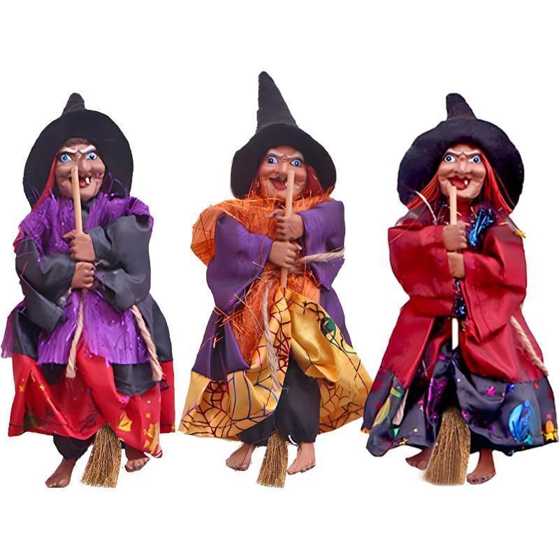 lot 62097 image: 2 PCS Halloween Hanging Witches Decorations, 8 Halloween Witches Ornaments Flying Witches Figures on Broom Halloween Outdoor Indoor Decorations Haunted House Hanging Props Party Decor (#A) - Retail $17