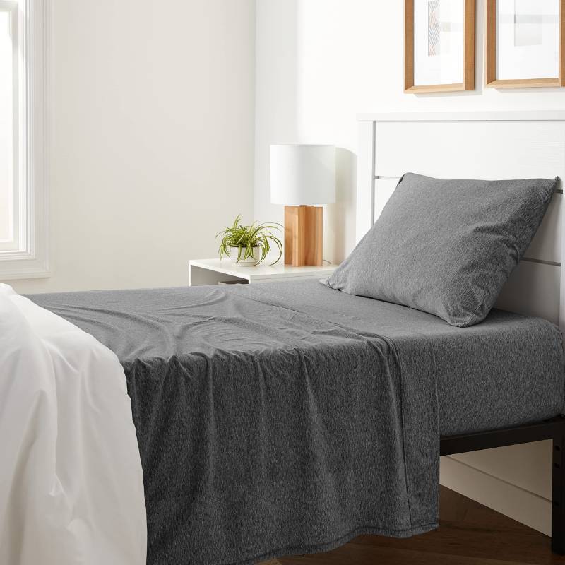 lot 26571 image: Amazon Basics Breathable, Stretchy 3 Piece Bed Sheet Set, 100% Cotton Jersey Knit, Includes Flat and Fitted Sheets, Pillowcase, Machine Washable, Twin, Dark Gray, Solid - Retail $30