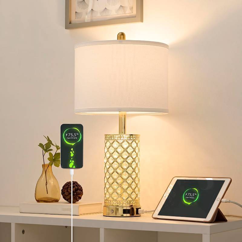 lot 26600 image: Crystal Table Lamps Modern 3-Way Dimmable Bedside Lamp with 2 USB Ports & AC Outlets for Living Room Bedroom Nightstand Lamp Night Light (Gold- 1 Pack 24In) - Retail $60