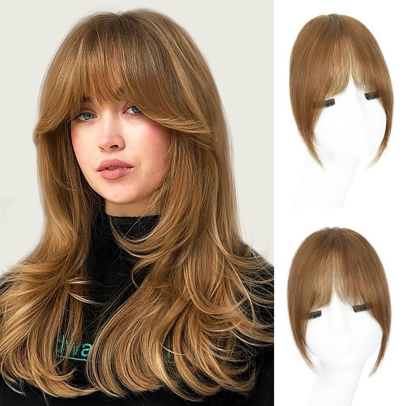 lot 25498 image: Clip in Bangs, 100% Real Human Hair Fake Clip on Bangs Hairpieces for Women French Bangs Light Auburn Brown Fringe with Temples Curved Curtain Bangs for Daily Wear