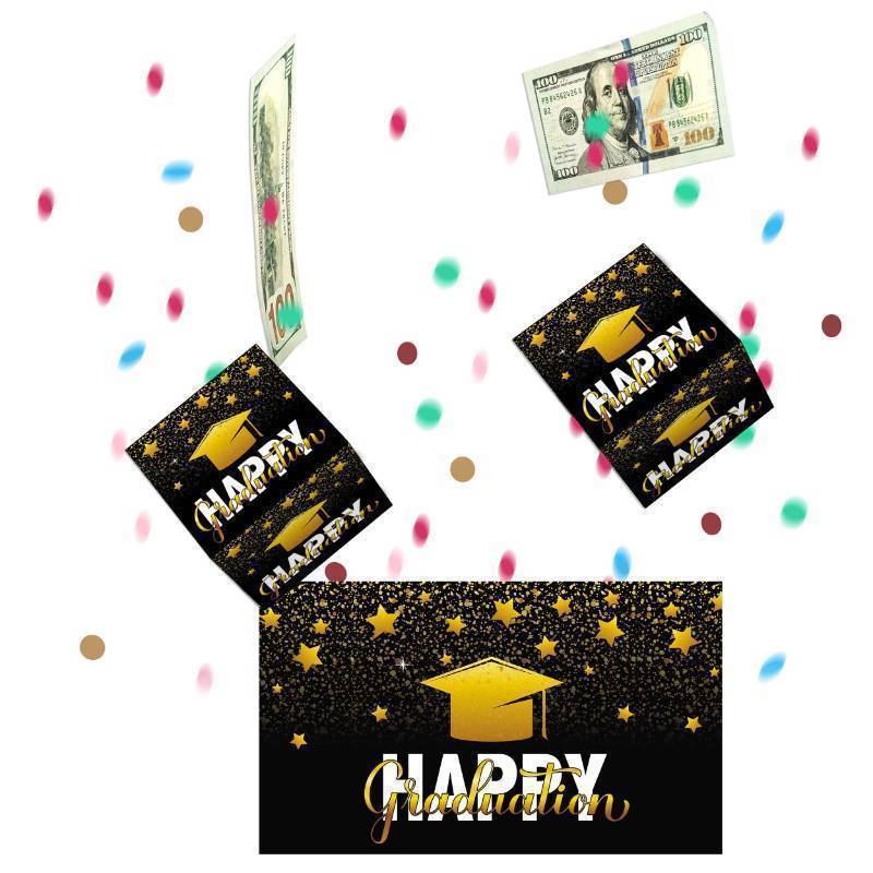 lot 44084 image: Graduation Exploding Money Boxes Kit, Black Gold Bounces Cash Exploding Money Boxes with Confetti, Congrats Grad Pop up Gift Boxes for 2024 High School College Graduation Party