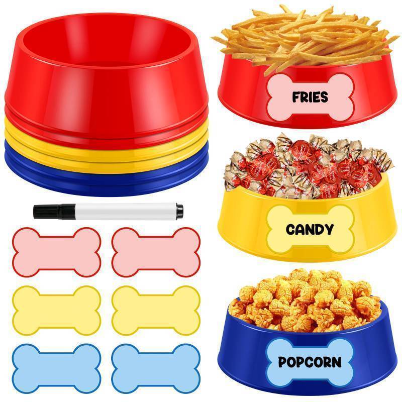 lot 44151 image: 6 Set Dog Paw Plastic Bowls Dog Birthday Party Supplies Red Blue and Yellow Food Trays with Bone Cards for Table Dog Puppy Party Decorations - Retail $21