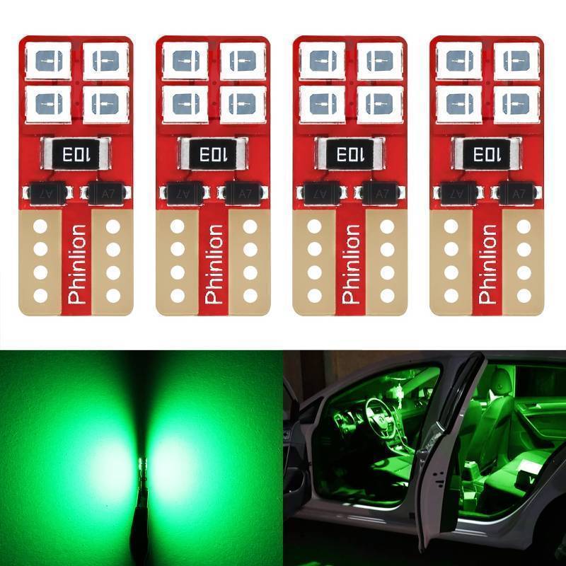 lot 61711 image: PHINLION 194 Green LED Light Bulbs, Super Bright Wedge W5W 168 2825 175 T10 LED Replacement Bulb for Car Interior Dome Map Door Courtesy License Plate Dash Instrument Lights, Pack of 3 - Retail $8