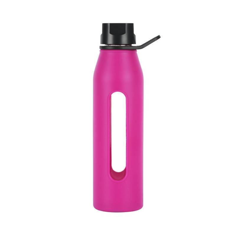 lot 54522 image: Takeya 22 Ounce Classic Glass Water Bottle with Silicone Sleeve and Twist Cap, Fuchsia - Retail $30