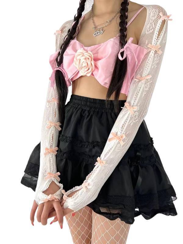 lot 54658 image: Womens Mesh Lace Shrug Arm Sleeve with Bow Going Out Shirts Summer (Polyester, Pink bow) Arm Sleeves only - Retail $15