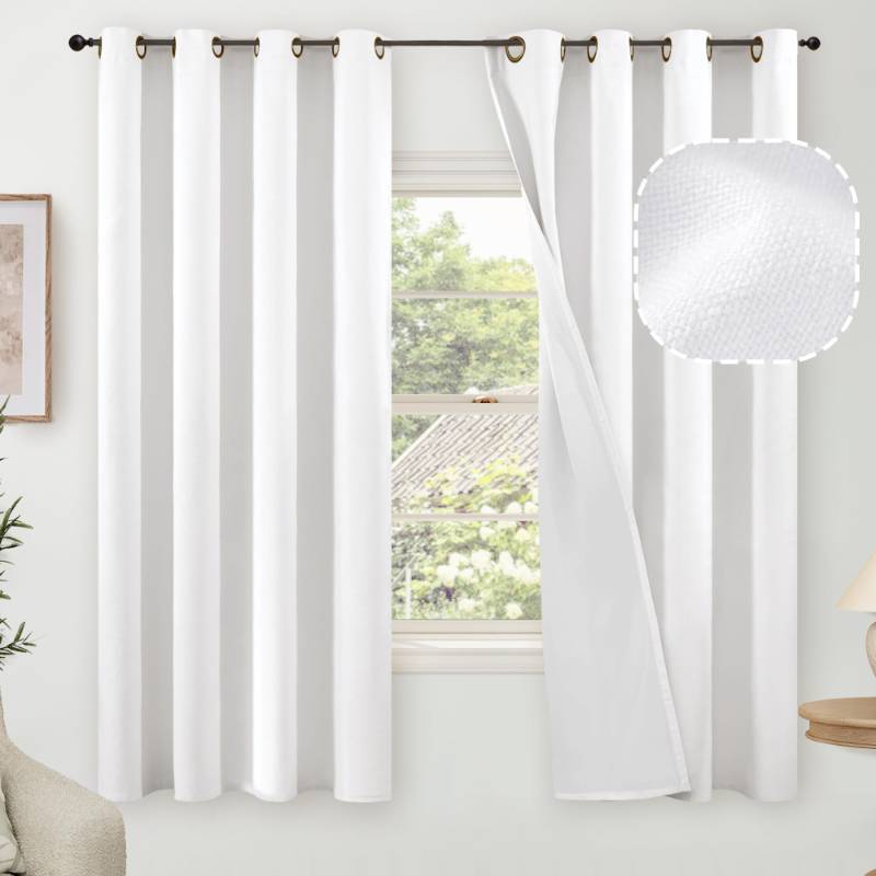 lot 54789 image: Blackout Curtains for Bedroom 63 Inch Length 2 Panels Set, Thermal Insulated 100% Black Out Privacy Soundproof Grommet Farmhouse Linen Window Curtains for Living Room Darkening, White, 52Wide - Retail $35