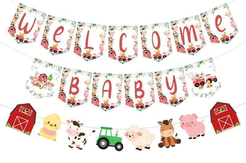 lot 54842 image: Farm Animal Baby Shower Banner, Red and Blue Welcome Baby Bunting Garland, Farm Animal Themed Party Decoration, Barnyard Party Supplies for Boys Girls - Retail $10