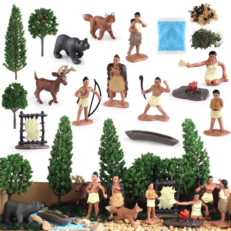 lot 36204 image: Powhatan Indians, Powhatan Native American Figurines Set, Figurine Includes Powhatan Indian Figurines, Chief, Campfire, Trees, for Kids Historical Education School Project Decoration Birthday Gift - Retail $19