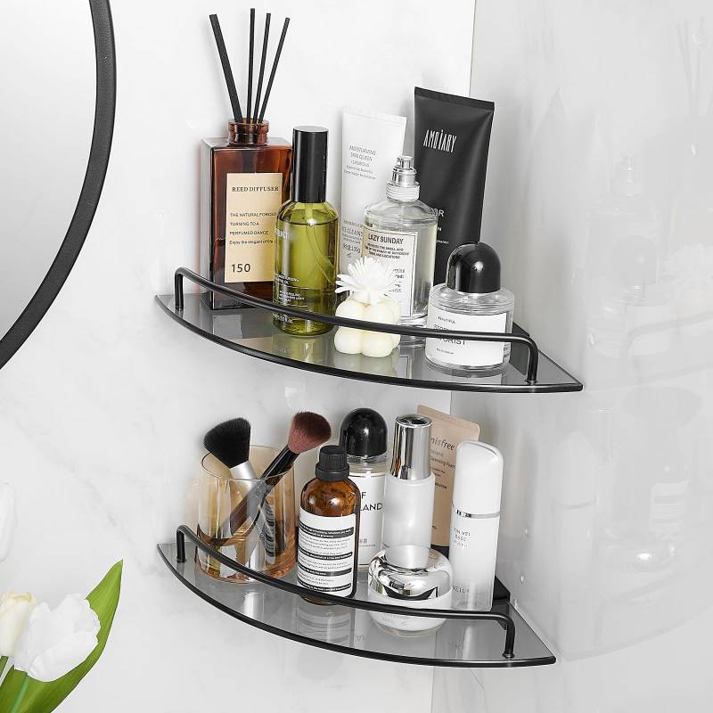 lot 36212 image: Glass Corner Shower Caddy, 2 Pack Adhesive Corner Shower Shelves for Inside Shower No Drilling, Tempered Glass Bathroom Corner Shelf with Guardrail Bathroom Shower Organizer Storage Rack(Black) - Retail $30
