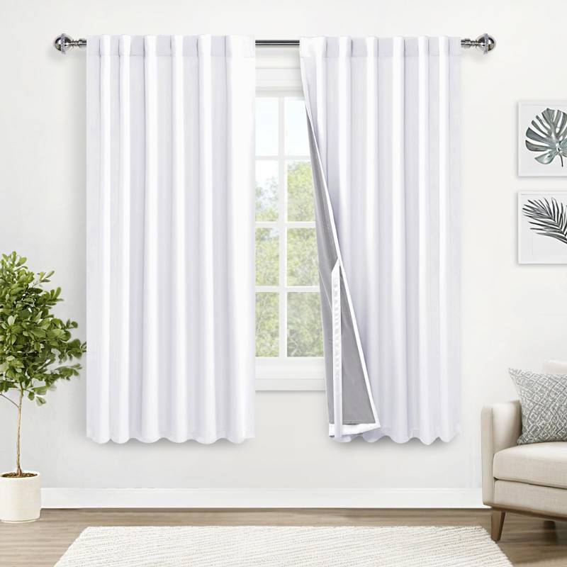lot 36259 image: White 100% Blackout Curtains - Heat and Full Light Blocking Drapes with Black Liner for BedroomLaundry Room, Rod Pocket & Back Tab Window Panels with Tiebacks, White, W52 x L72, Set of 2 - Retail $26
