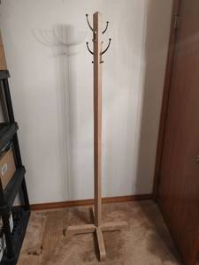 lot 12 image: Wooden Standing Coat Rack with Metal Hooks, 70 inches