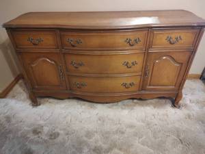 lot 39 image: French Provincial Style Bassett Brand Wooden Sideboard Buffet with Ornate Handles, 62 x 20 x 33
